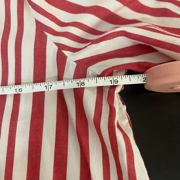 WHO WHAT WEAR red white stripe collared puff sleeve hidden buttons hi-lo hem LG - Picture 11 of 11